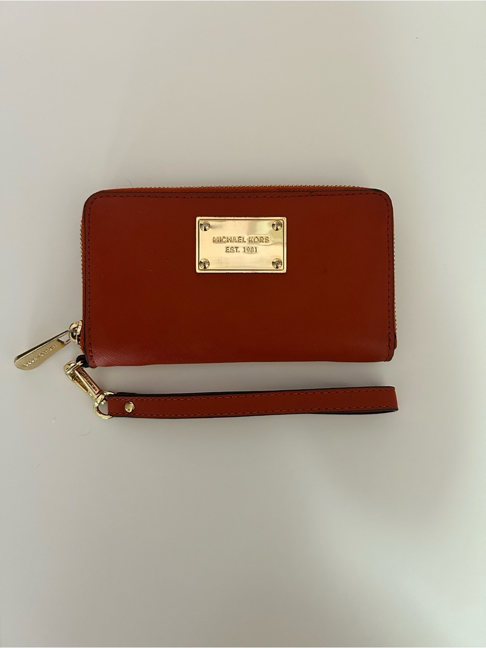 Michael Kors Orange Saffiano Leather Zip Around Wristlet Wallet Clutch EUC